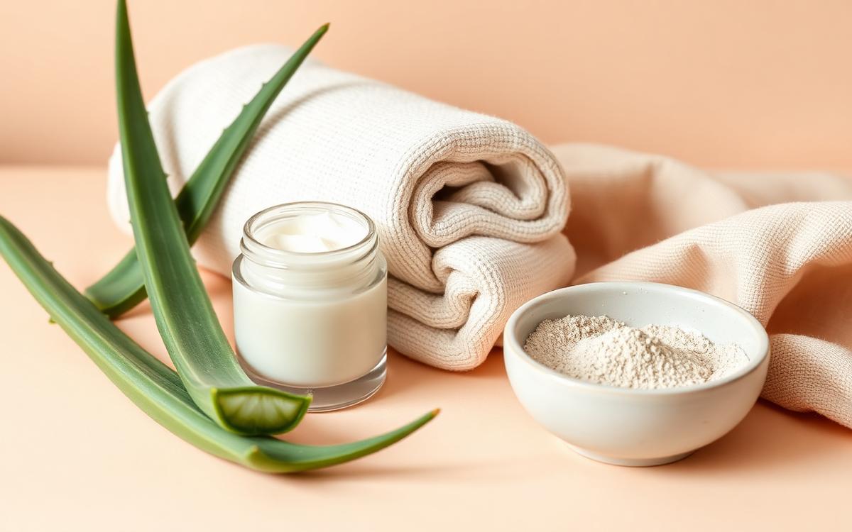Naturkosmetik-Stillleben mit Cremetiegel, Aloe-Blatt, Tonerde und Leinentuch