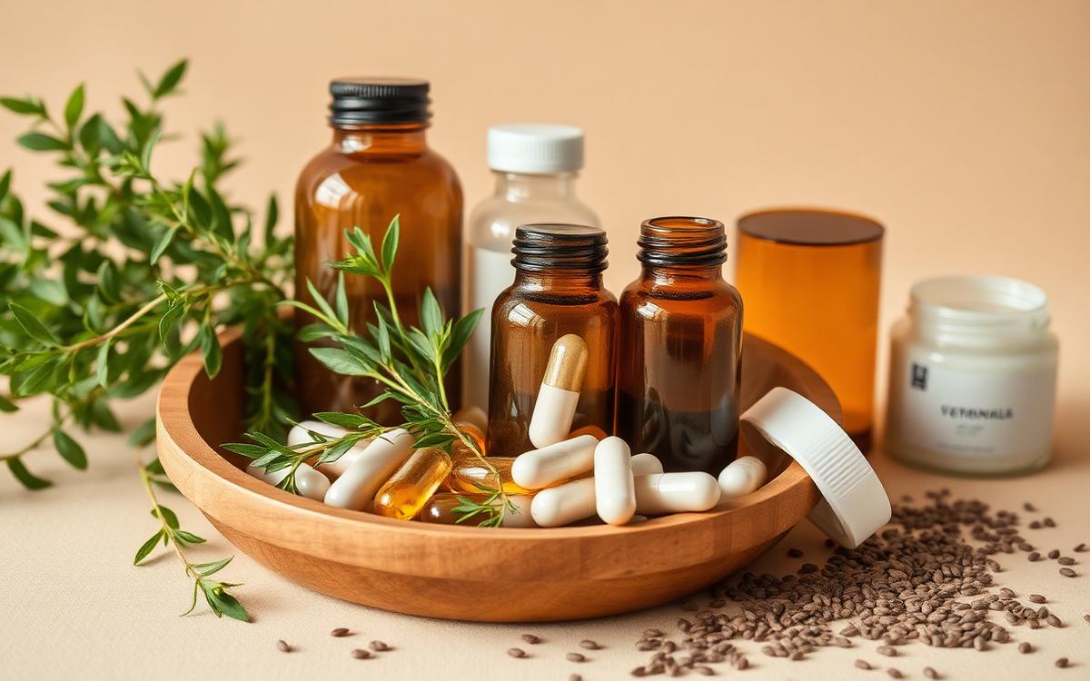 Naturprodukte in einer Holzschale: Kapseln, Braunglasflaschen und frische Kräuter